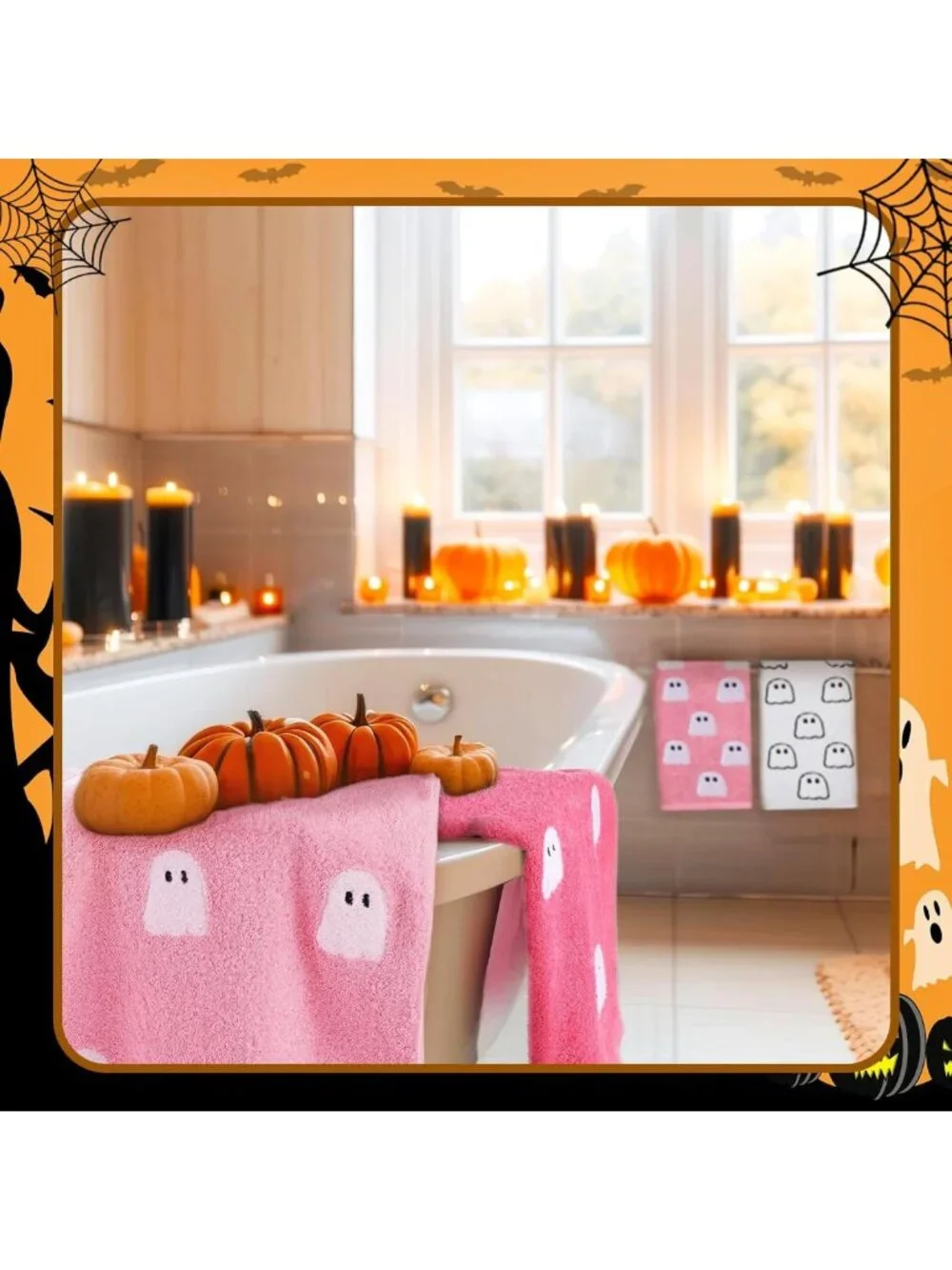 3 Pcs Pink Ghost Hand Towels - 100% Cotton Halloween Decor, Cute Kitchen Gifts